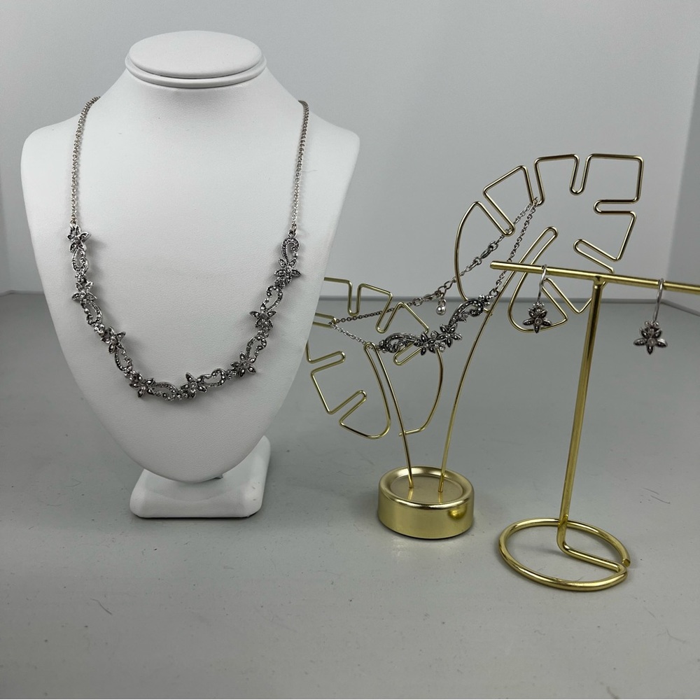 Avon Silver Tone Floral Rhinestone Necklace, Bracelet and Earring Set